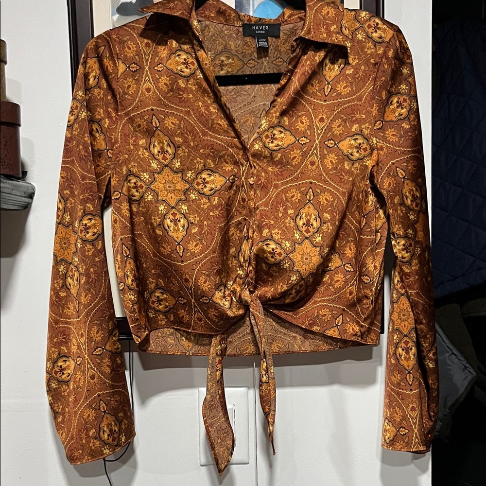 Haver Women's Rust and Mustard Patterned Blouse